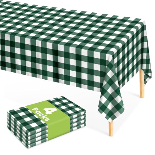 Image of Mulbozy Dark Green Gingham Tablecloth 4 Pack, 54 x 108 Inch Plastic Table Cloth Disposable, Green and White Checkered Table Cover for Party Supplies
