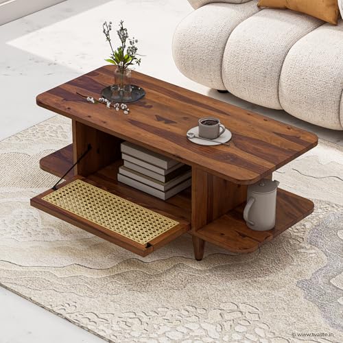 Image of SIDHI Solid Sheesham Wood Coffee Table & Center Table with Rattan Cane Lift-Down Shutter & Both Side Open Shelves for Living Room (Honey Finish)