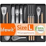 Lifewit Cutlery Drawer Organiser, Expandable Tray with Knives Holder for Kitchen Storage, Cutlery Organiser Insert for Spoons, Forks, Utensil, 1 Pack, Black