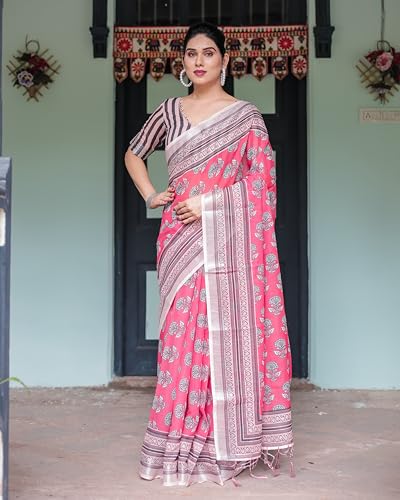 Image of Kaugalian store Linen Cotton Floral Printed Saree for Women with Unstitched Blouse Piece | 5.5 M Saree & 0.8 M Blouse