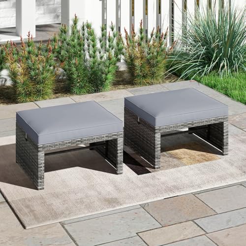 image for Tangkula 2 Pieces Patio PE Rattan Ottomans, Multipurpose Outdoor Foots