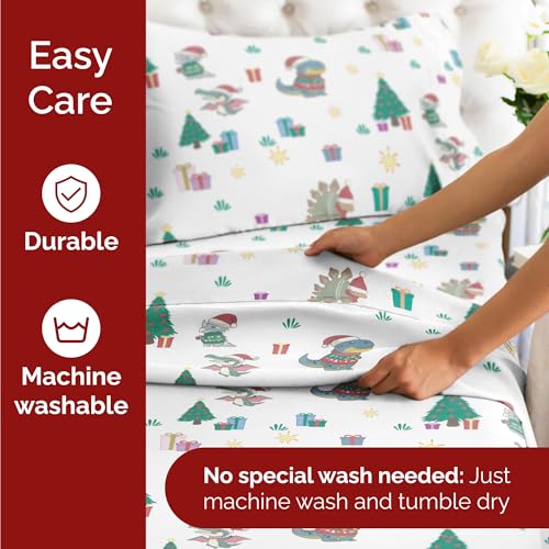 Twin Christmas Dinos Sheet Set - Holiday Xmas Pattern Bedding Set - Deep Pockets - Snug Fit - 3 Piece - Wrinkle Free & Easy Care - Comfy Festive Winter - Holiday Sheets for Women, Men, Kids & Teens