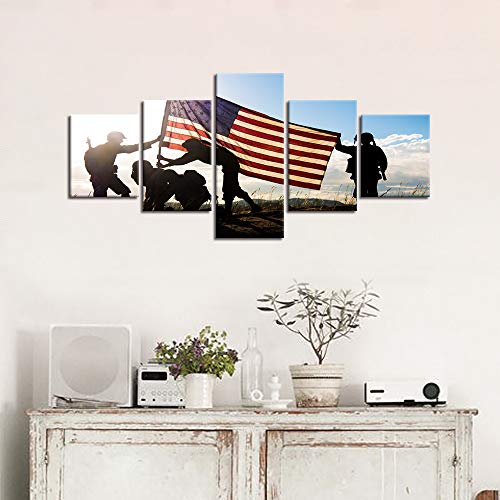 American Flag Background Military Family Canvas Wall Art On Usa Painting Modern Posters And Prints Pictures For Living Room, Home Decor Gallery-Wrapped Set 5 Panel Hooks Framed(50''W X 24''H) #TOP2