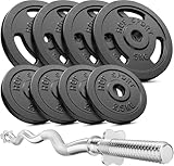 BARRE D'HALTÈRE AVEC FERMETURES SOLIDES: La barre d'haltères est fabriquée en acier massif chromé. Elle est dotée de poignées moletées en croix qui empêchent le glissement des mains et assurent une prise en main confortable et sécurisée.