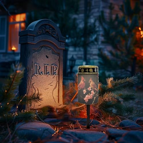Image of Cardinal Bird Floral LED Solar Lights for Patriotic Landscape Waterproof Solar Power Light Flameless Candle for Cemetery Grave Memorial Decor 2 Pcs