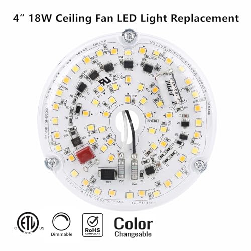 ULIKELED 4“ 18W Color Changeable Ceiling Fan LED Light Replacement, 3000K/4000K/5000K Selectable Ceiling Fan LED Light Kit, Dimmable LED Retrofit Kit for Flush Mount Ceiling Lights