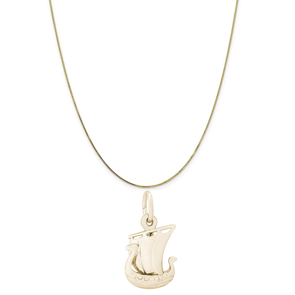 14K Yellow Gold Viking Ship Charm on a 16, 18 or 20 inch Rope, Box or Curb Chain Necklace