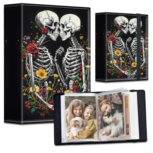 Álbum de fotos de 4 x 6 pulgadas, capacidad para 120 fotos, cubierta de piel sintética, con banda elástica fuerte, álbum de fotos portátil para bebé, familia, boda, graduación, aniversario, esqueleto