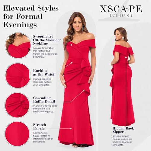 Image of Xscape Women's Long Off-the-Shoulder Sweetheart Neckline Formal Evening Gown with Ruching and Draped Ruffle Detail