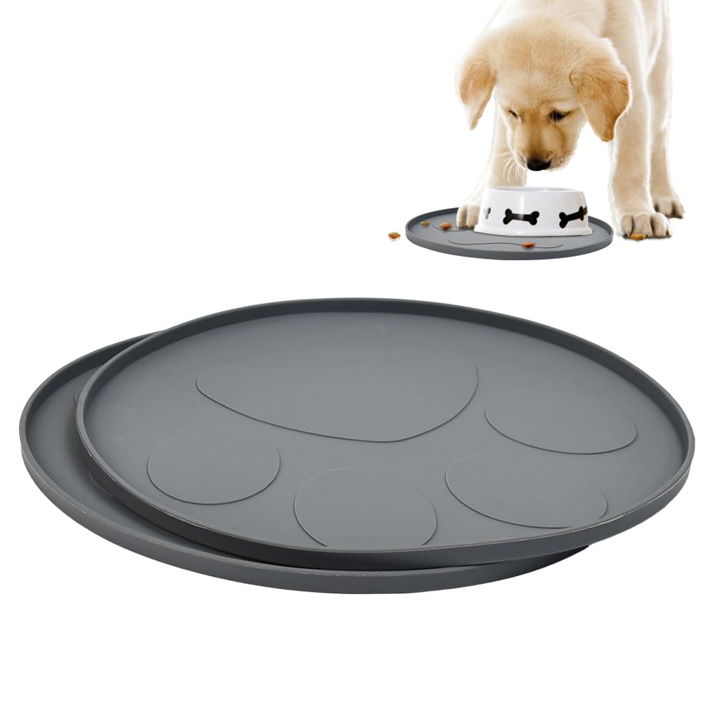 Vurixfo 2 Pack Silicone Pet Feeding Mat, Round Cat Food Mats Raised Edges Dog Bowl Mat Non Slip Cat Bowl Mats Waterproof Dog Dish Placemat Tray for Foods and Water Bowls (Grey, 27cm)