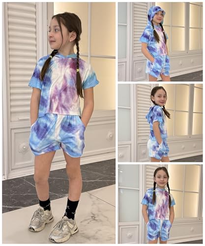 Image of Girls Summer Outfits Kids Hooded-Shirts and Elastic Waist Shorts Sets | short sleeve drop shoulder hooded shirt and shorts with two pockets tie dye leopard letter