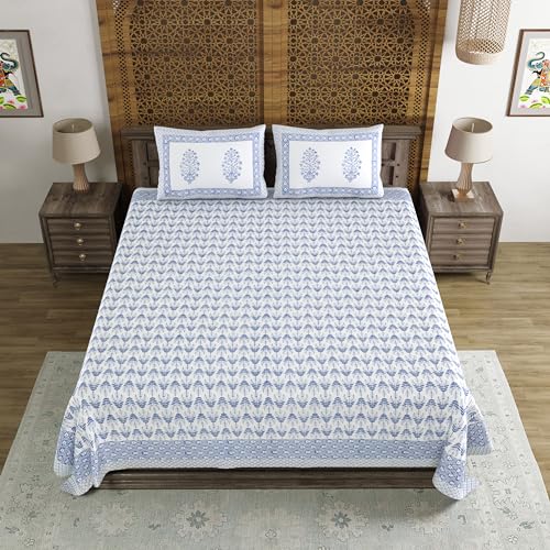 Image of BLOCKS OF INDIA Hand Block Printed 200 TC Cotton King Size Bedsheet (Blue Leaf)