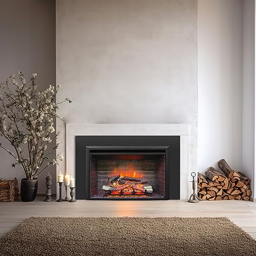 Image of PuraFlame Western 33 inchx21 inch Electric Fireplace Insert with Trim Kit, Fire Crackling Sound, Resin Log, Remote Control, 750 /1500W Heater, Black