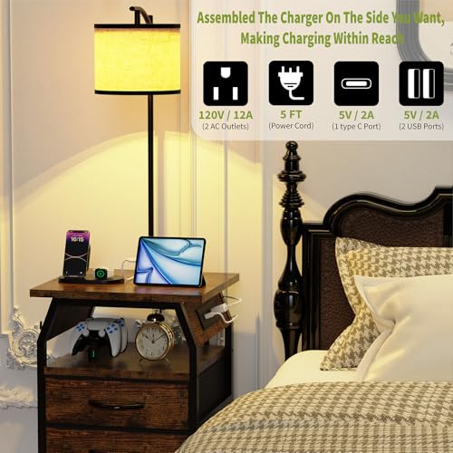 Image of runjuly Floor Lamp with Table Set 2, End Table with Light & Charging, Brown | 3-Color Temperature Bulb, Type-C & USB Ports & Power Outlets, Fabric Drawers, Lamp Tables Combo for Living Room Bedroom Dorm