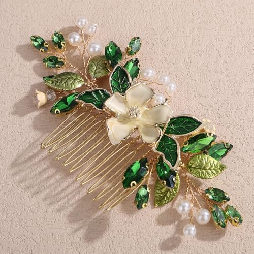 Peine de cabello con hojas y perlas verdes miniatura 3