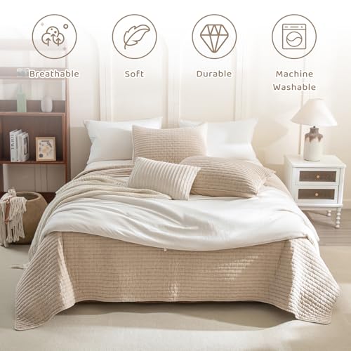 Sanracie Oversized King Bedspread (128"x120"), 100% Cotton Cross Stitch Pattern California King Coverlet Quilt Set 3Pcs Warm Taupe Colored Lightweight Extra Large King Bed Quilt for All Season by Sanracie - Used condition - Image 4