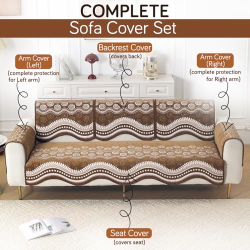 Image of HOKIPO Complete (Seat+Back+Arm) Sofa Mat Set for 3 Seater Sofa |Premium Chenille Sofa Covers with Curve Edges, 'Serene Curves Series' - Flowy Swirl (IN-997+1002+1001 * 2 - D1)