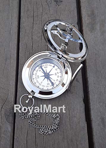 Brújula de latón Royalmart con reloj de sol, mecanismo de botón de presión y grabado vintage estilo steampunk miniatura 5