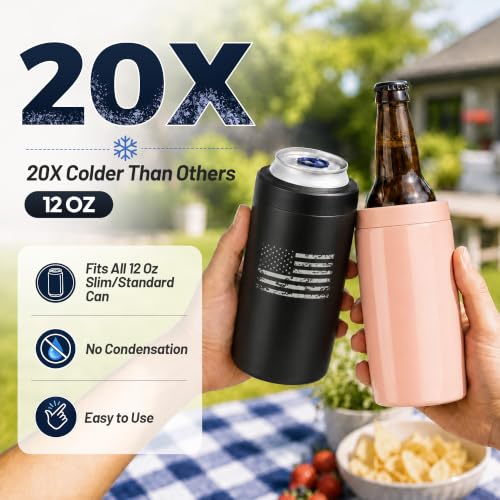 Image of 4-in-1 Slim Can Cooler Easy to Hold Insulated Beer Can Holder Double-walled Stainless Steel for All 12 Oz Cans (Black America Flag)