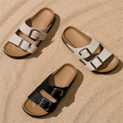 Women's Genuine Leather Slippers - Metal Buckle Double Strap Summer Beach Flats3