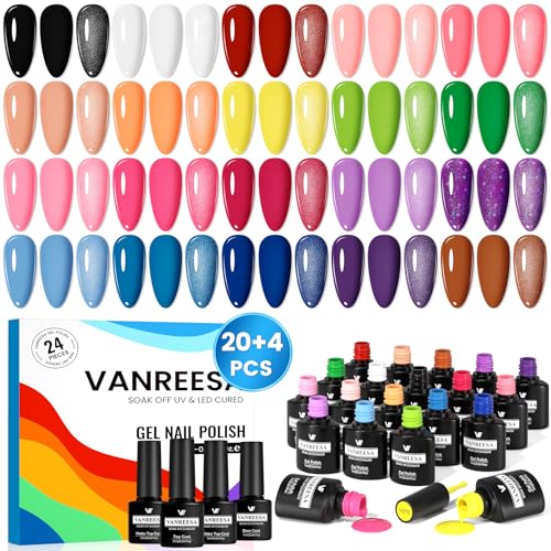 VANREESA Vernis Semi Permanent, 20 Couleurs Noir Rouge Blanc Rose Jaune Bleu Vernis Gel UV Semi Permanent avec Base Top Mat Coat Pailleté, Kit Manucure Cadeau...