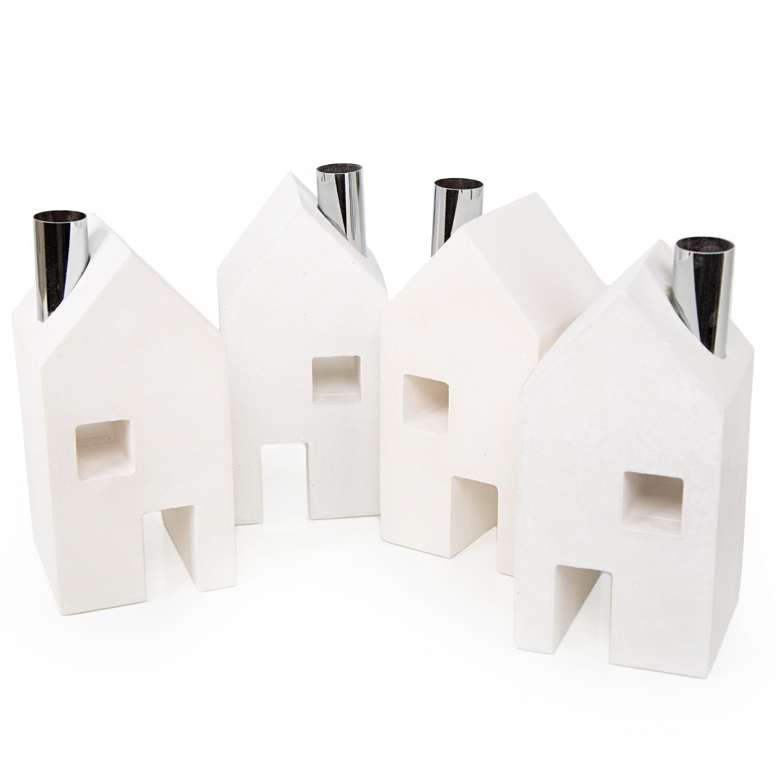 Logbuch-Verlag 4 Stabkerzenhalter Häuser Adventskranz aus Zement weiß Silber Kerzenhalter für Stabkerzen Deko Haus 18 cm