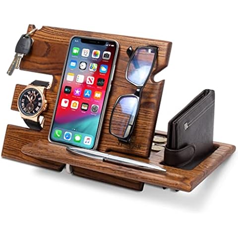 Wood Phone Docking Station Key Holder Wallet Stand Watch Organizer Men Christmas Gift Husband Wife Anniversary Dad Birthday Nightstand Purse Father Graduation Male Travel Idea Gadgets Solid (Beige) Cover