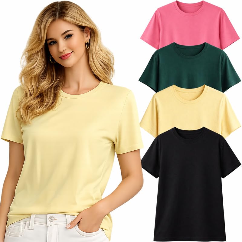Image of London Hills Tshirt for Woman | T Shirt for Woman Cotton Casual Tops | Tshirts Shirts for Women Round Neck Short Sleeve | Women Tees Everyday Wear Basic T Shirts for Womans (Pack of 4)