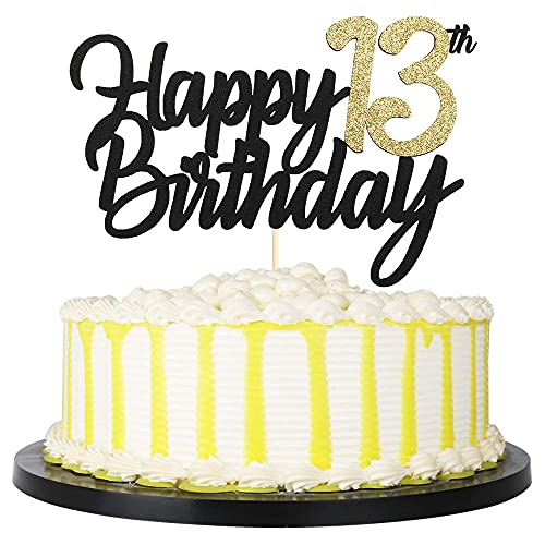 Image of FestikoBlack Gold Glitter Happy Birthday Cake Topper - 13 Anniversary /Birthday Cake Topper Party Decoration (13th)