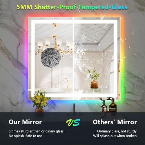 Image of 40x36 Inch RGB LED Bathroom Mirror Front Light and RGB Backlit Lighted Vanity Mirror for Bathroom Wall Mounted Dimmable Anti Fog Memory Shatter-Proof IP54 Waterproof Horizontal /Vertical