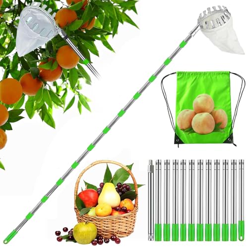 HEYIDAMAI Obstpflücker,Apfelpflücker,Pflückhilfe 453CM,Obstgreifer Einfach zu Montieren,Kirschenpflücker mit Leichter Edelstahl Verlängerung Verbindungsstange und Baumwollbeutel Ø16 cm