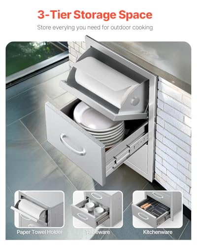 Image of VEVOR Outdoor Kitchen Drawers, 16.5 inch W x 29 inch H x 20.5 inch D Triple Access Drawers, Stainless Steel Flush Mount Cabinets, BBQ Island Storage with Paper Towel Holder & Handle, for Patio Grill Station
