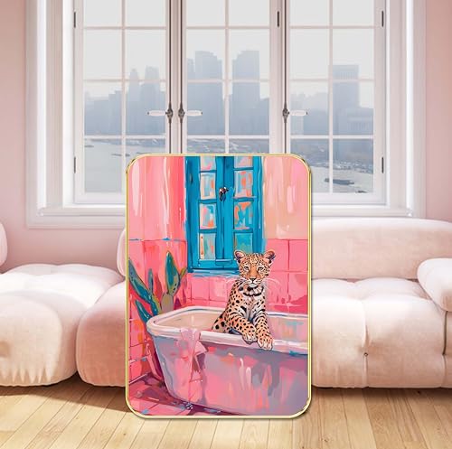 Image of Livin'luxe Bold Leopard in Bathtub Wall Art | Quirky Pink Bathroom Scene with Blue Window | HD Artistic Print with Golden Frame | Funky Animal Art for Living Room (13 x 19 Inch) MG01-885