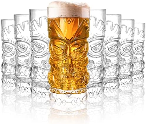 8 Pack 500 ml Plastic Tiki Cups, Clear Modern Bar Tiki Mug Hawaiian Party Drinking Tumblers for Cocktails, Lemonade, Mixed Drinks, Halloween, Picnic, Restaurant Supplies