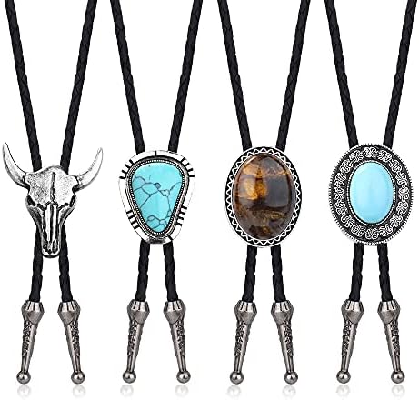CASSIECA 4Pcs Handmade Bolo Tie for Men Western Cowboy Leather Necktie Halloween Costume Accessories for Men Women