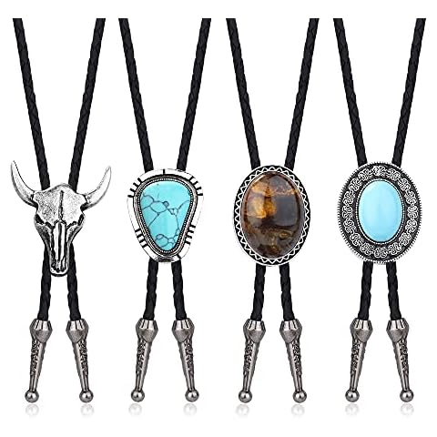 CASSIECA 4Pcs Handmade Bolo Tie for Men Western Cowboy Leather Necktie Halloween Costume Accessories for Men Women Cover