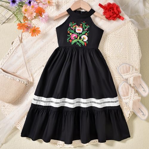 fioukiay Girls Mexican Floral Embroidered Dress Halter Neck Sleeveless Ruffle Party Long Maxi Dresses4