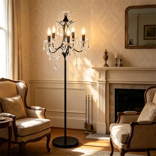 Obihivlo 5-Light Black Crystal Candelabra Floor Lamp, 65' Tall Antique Chandelier Floor Lamp with...