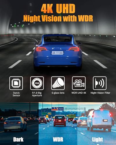 Dash Camera for Cars, 4K Full HD Dual Dash Cam Front and Rear with Wi-Fi, Included 32GB Card, 3.16” IPS Screen, Night Vision, 170°Wide Angle, WDR, 24H Parking Mode - Image 4