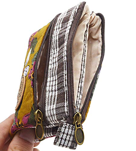 Women Small Zipper Coin Purse - Handmade Fabric Flower Embroidered Change Pouch - Cotton Double Zipper Wallet #TOP5