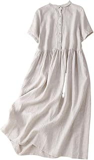 [Gakivit] 綿麻 ワンピースレディース 無地 リネン ワンピース きれいめ シャツワンピース チュニック 可愛い ロングワンピース マキシワンピース半袖 ゆったり 薄手 着痩せ プリーツ カジュアル ワンピース 体型カバー 春夏秋