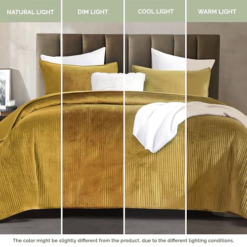 Elegant Comfort Luxury 3-Piece Velvet Corduroy Stripe Quilt Set, Ultra Soft Bedspread - Cozy Velvet Coverlet Set - 3PC Medium Weight Quilted Set with Matching Pillow Shams, King, Gold
