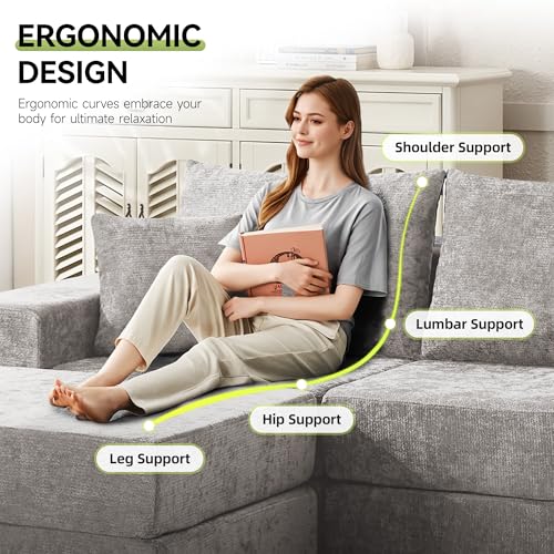 Image of 79 inch Boneless Loveseat Sofa Couch, Modular Foldable Floor Cloud Sofa with Ottoman, Lounge Convertible Sofa Bed for Living Room, No Assembly, Chenille Light Grey