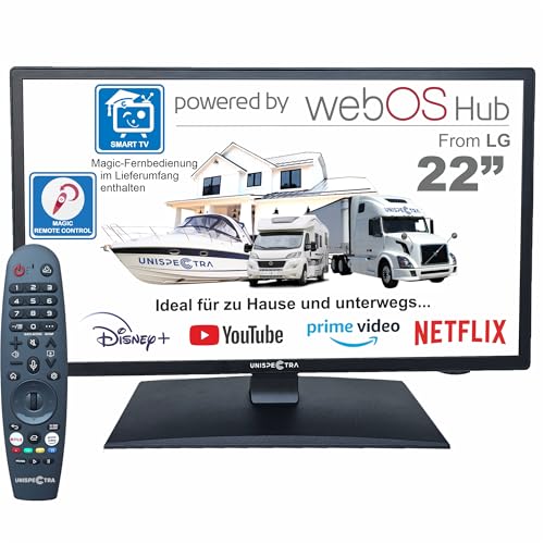 Unispectra ® 22“ Smart TV (webOS) Full HD 230V 24V Triple Tuner: Satellit, Antenne, Kabel TV, 3xHDMI, 2xUSB, Magic Remote. 12V Fernseher für Wohnmobile, Wohnwagen, LKWs, Lieferwagen, Boote Unispectra ® 22“ Smart TV (webOS) Full HD 230V 24V Triple Tuner: Satellit, Antenne, Kabel TV, 3xHDMI, 2xUSB, Magic Remote. 12V Fernseher für Wohnmobile, Wohnwagen, LKWs, Lieferwagen, Boote