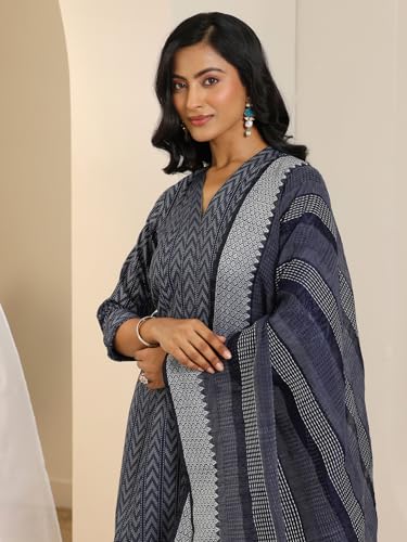 Image of Libas Woven Design Cotton Blend Straight Kurta with Trouser and Dupatta