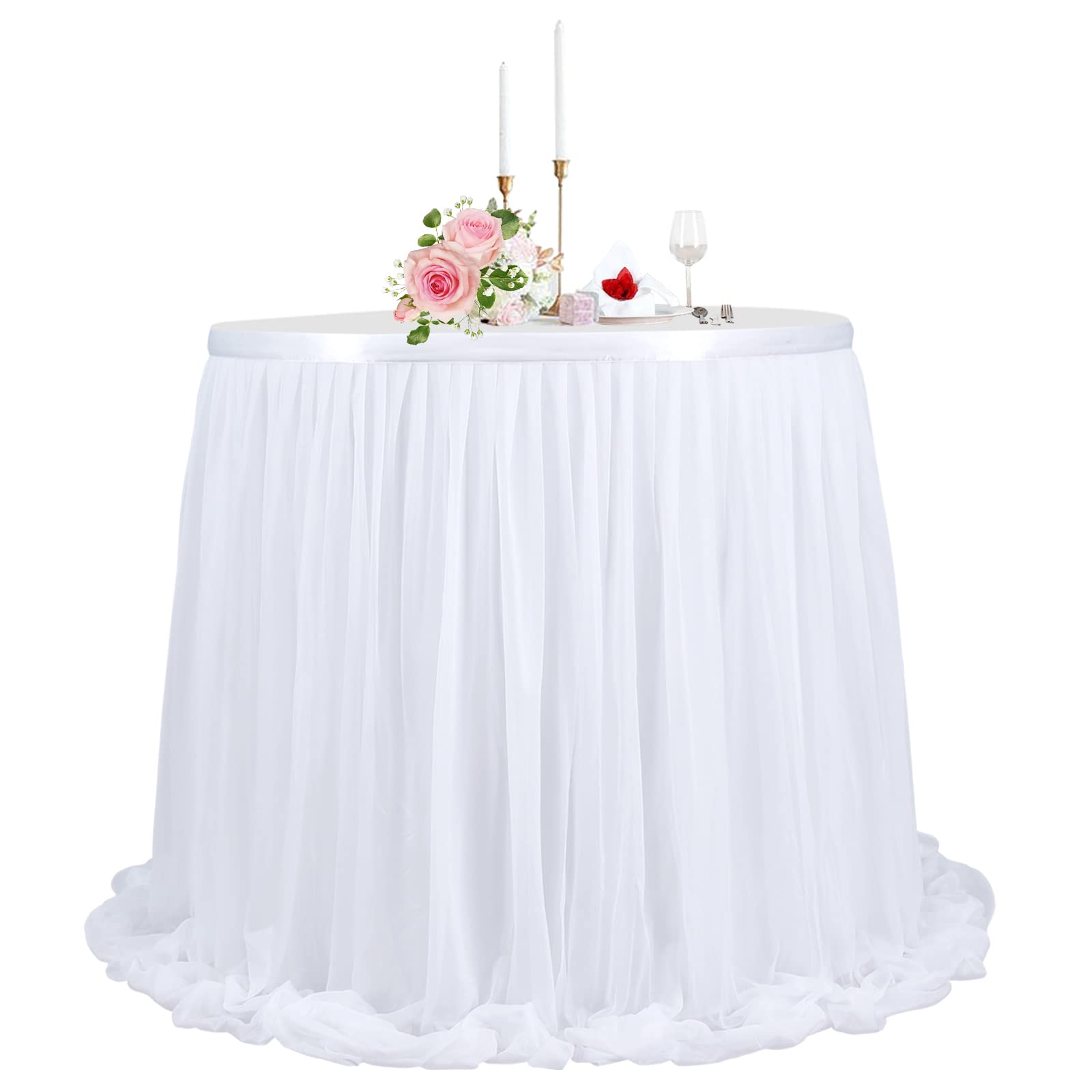 HBBMAGIC Jupe De Table En Tulle Blanc Lumineuse – 4,27 M Élégante Avec LED Chaudes Pour Mariage, Anniversaire, Baptême, Baby Shower