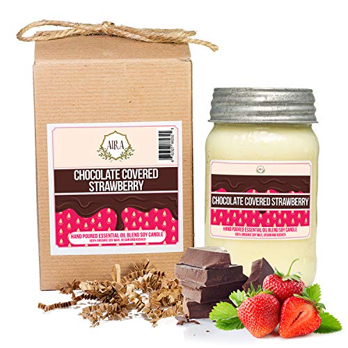 Aira Soy Candles - Organic, Kosher, Vegan, In Mason Jar W/ Therapeutic Grade Essential Oil Blends - Hand-Poured 100% Soy Candle Wax - Paraffin Free, Burns 110+ Hours - Chocolate Strawberry - 16 Ounce #TOP22