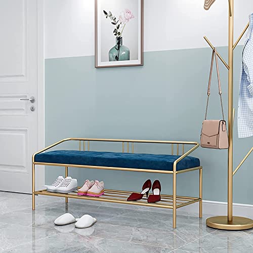 Banco de zapatos de entrada de 80 cm, taburete de metal con respaldo independiente, almacenamiento de pasillo, elegante asiento de extremo de cama para sala de estar y dormitorio, color azul oscuro