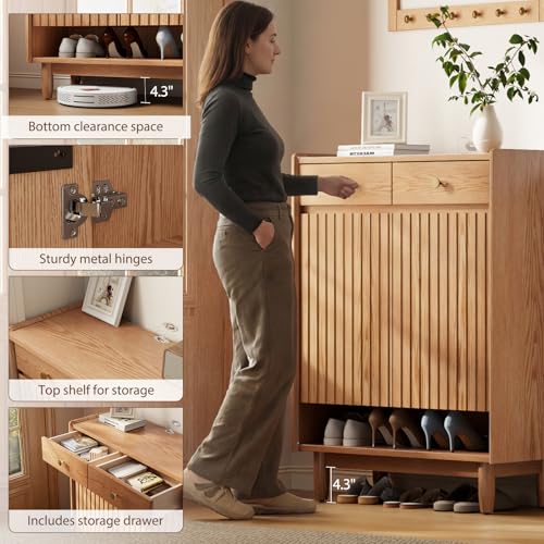 Image of 31.4 inchW wooden shoe cabinet storage for entryway,Free Standing Shoe Racks with 2 Adjustable Shelves and 2 Drawers, Shoe Rack Organizer for Entryway, Hallway, Closet, Living Room,Natural wood color