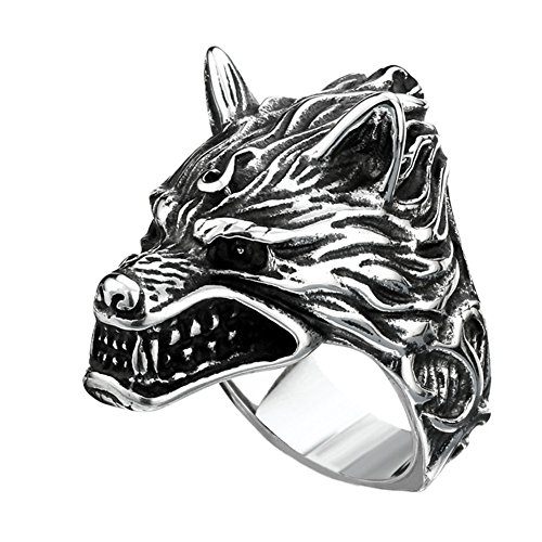 PAMTIER Hommes Rétro Loup Tête Acier Inoxydable Bague Tallie 54 Cover